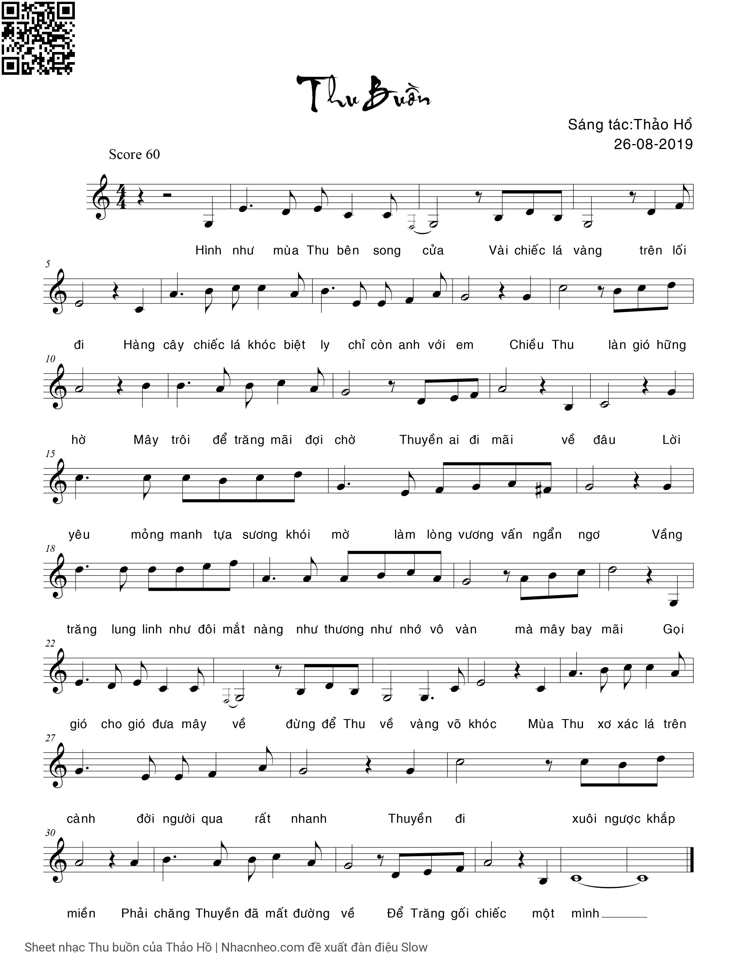 Trang 1 của Sheet nhạc PDF bài hát Thu buồn - Thảo Hồ, Hình  như mùa thu bên song  cửa. Vài chiếc lá  vàng trên lối  đi Hàng  cây chiếc lá khóc biệt  ly