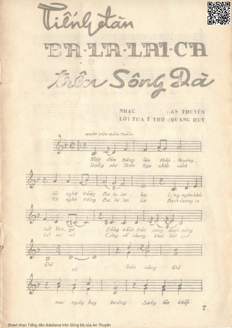 Trang 1 của Sheet nhạc PDF bài hát Tiếng đàn Balalaica trên Sông Đà - An Thuyên, 1. Một  đêm trăng lên thấp thoáng. Tôi nghe tiếng Ba La Lai  Ca Lặng  nghe khúc hát Vôn  Ga