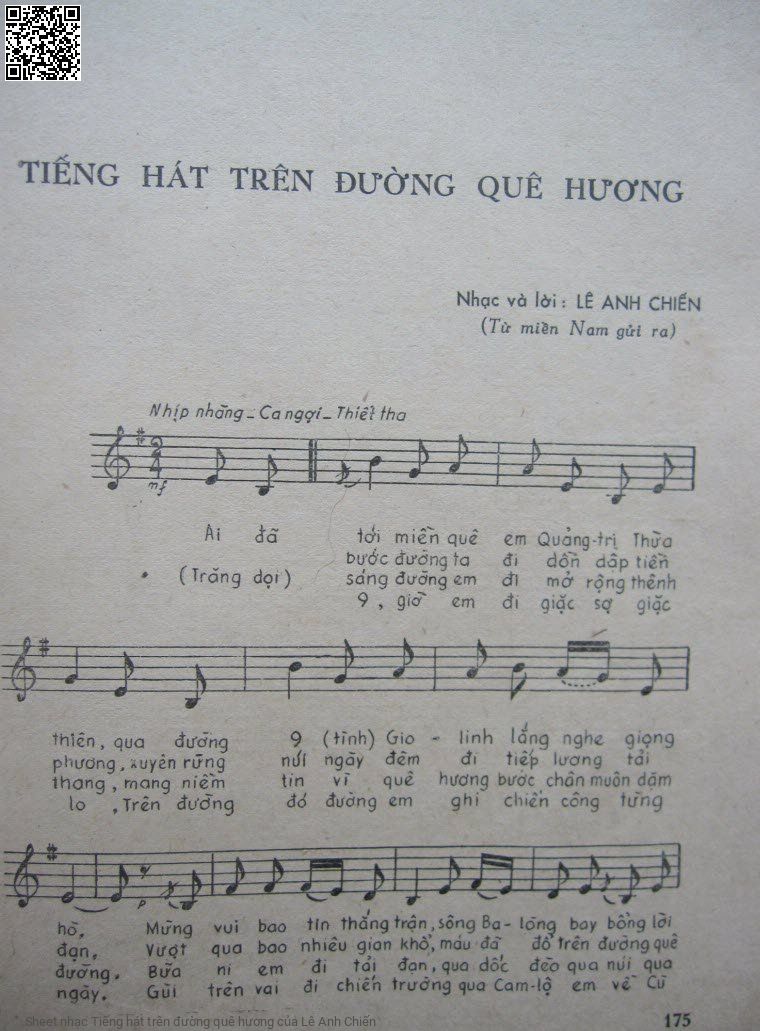 Trang 1 của Sheet nhạc PDF bài hát Tiếng hát trên đường quê hương - Lê Anh Chiến, 1. Ai đã  tới miền quê  em Quảng Trị, Thừa  Thiên. Qua đường  9 tình Gio  Linh lắng nghe giọng  hò