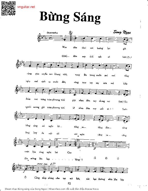 Trang 1 của Sheet nhạc PDF bài hát Bừng sáng - Song Ngọc, 1. Màn  đêm chơi vơi buôn lơi gió rừng reo xuyến sao khung trời. Vọng  lên trong muôn nơi nơi tiếng  đoàn trai tráng trăm phương  trời