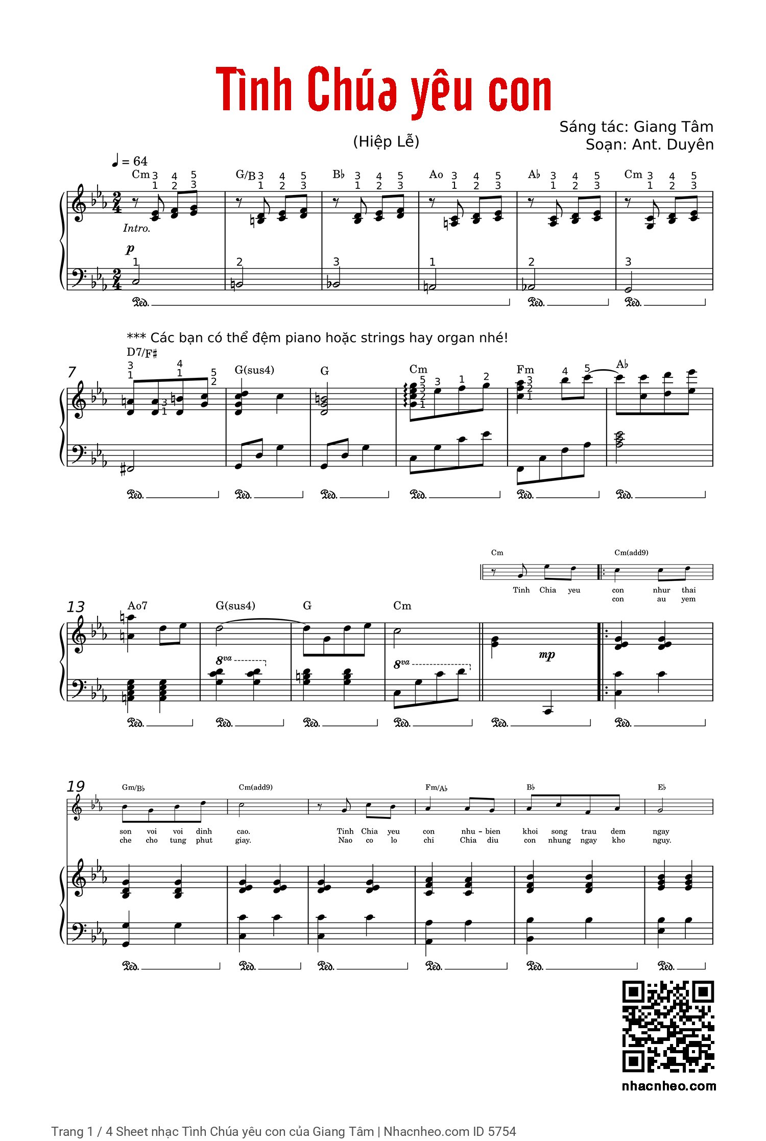 Trang 1 của Sheet nhạc PDF Piano bài hát Tình Chúa yêu con - Giang Tâm, Bao gồm sheet PIANO đệm hát và Sheet lời có nốt kèm sheet intro