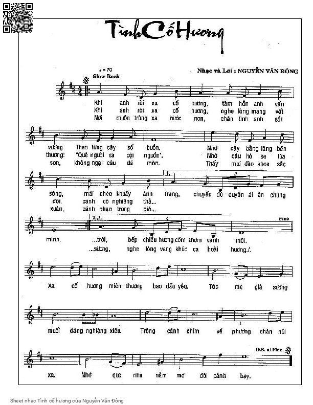 Trang 1 của Sheet nhạc PDF bài hát Tình cố hương - Nguyễn Văn Đông, 1.  Khi anh rời xa cố hương. Tâm hồn anh vấn  vương theo  từng cây số  buồn Nhớ cây  bằng lăng bến  sông, mái  chèo khua ánh  trăng