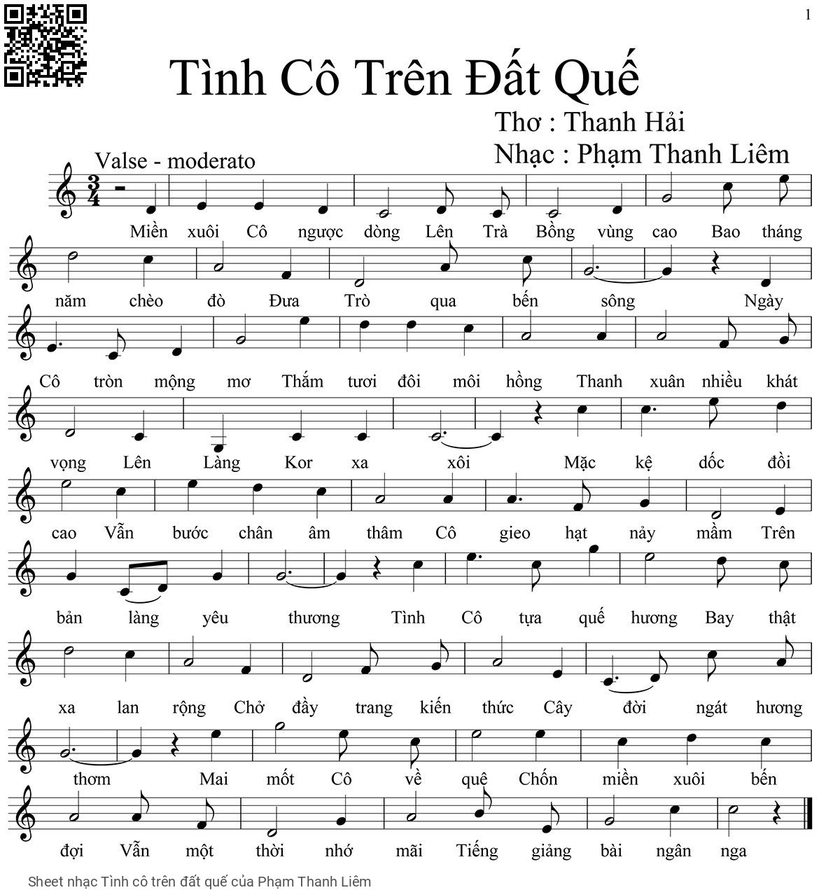 Trang 1 của Sheet nhạc PDF bài hát Tình cô trên đất quế - Phạm Thanh Liêm, Miền  xuôi cô ngược dòng lên Trà Bồng vùng  cao. Bao tháng  năm chèo  đò đưa  trò qua bến  sông