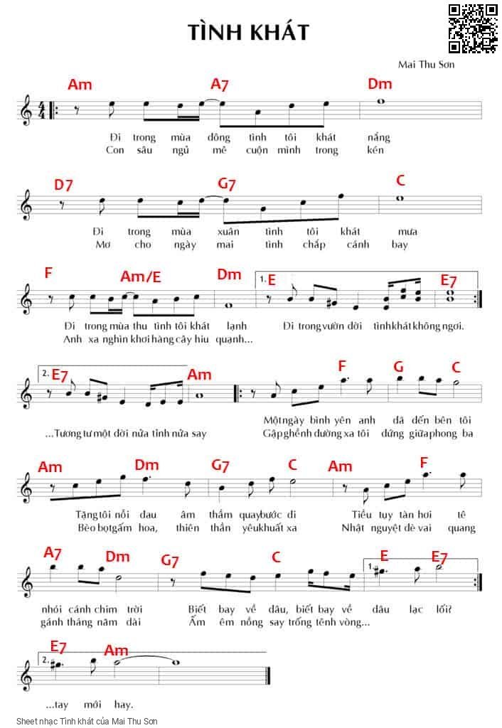 Trang 1 của Sheet nhạc PDF bài hát Tình khát - Mai Thu Sơn, 1. Đi trong mùa đông tình tôi khát  nắng. Đi trong mùa xuân tình tôi khát  mưa Đi trong mùa thu tình tôi khát  lạnh