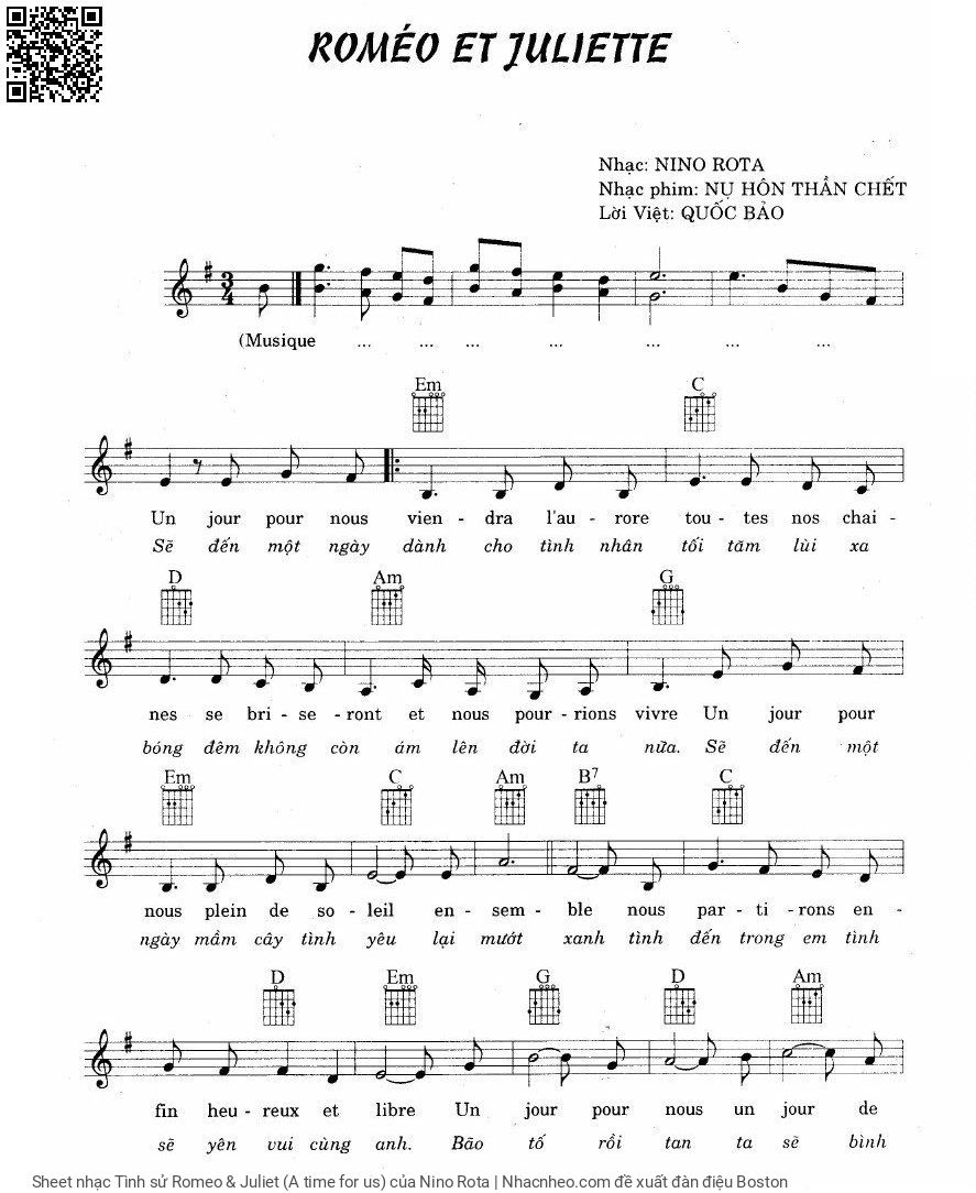 Trang 1 của Sheet nhạc PDF bài hát Tình sử Romeo & Juliet (A time for us) - Nino Rota, Version 1:.  1.  Giây phút êm  đềm tình yêu nở  hoa