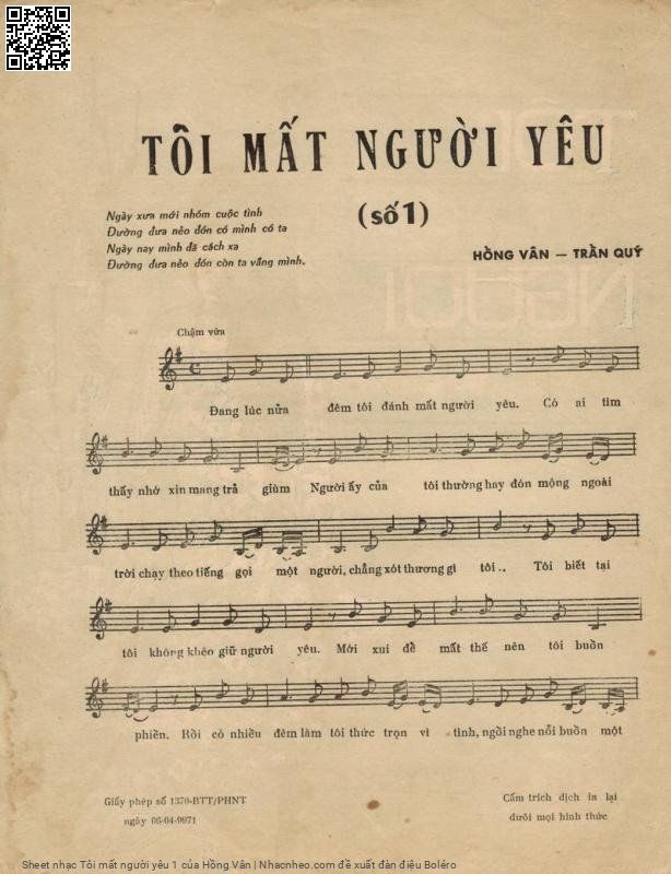 Trang 2 của Sheet nhạc PDF bài hát Tôi mất người yêu 1 - Hồng Vân, 1. Đang lúc nửa  đêm tôi đánh mất người yêu. Có ai tìm  thấy nhớ xin mang trả  dùm