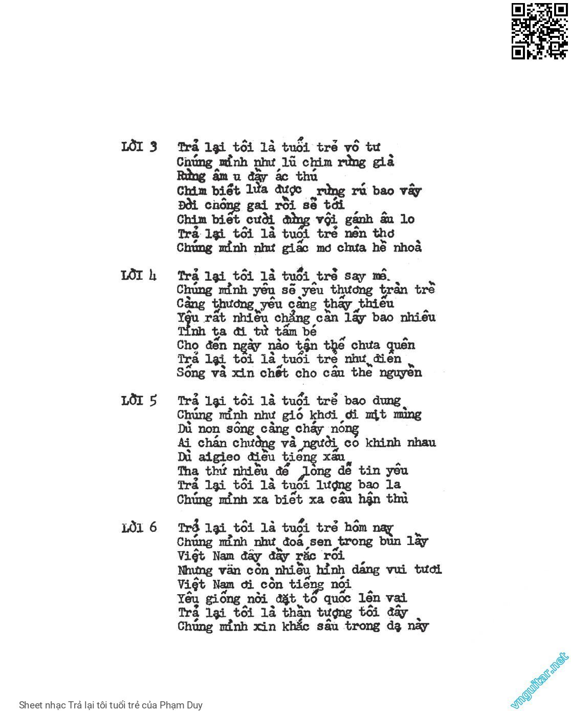 Trang 2 của Sheet nhạc PDF bài hát Trả lại tôi tuổi trẻ - Phạm Duy, 1. Trả lại  tôi là tuổi trẻ mênh mông. Chúng mình  như lúa  reo trên ruộng  đồng