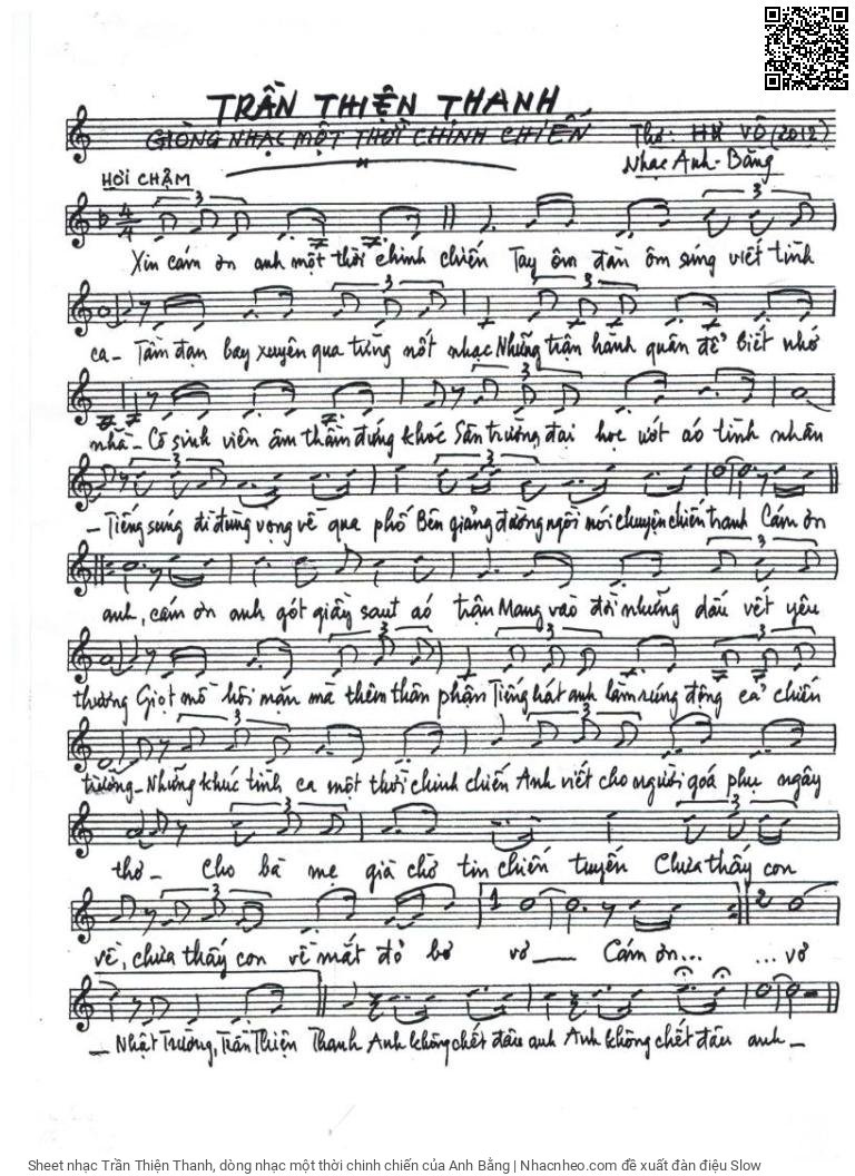 Trang 1 của Sheet nhạc PDF bài hát Trần Thiện Thanh, dòng nhạc một thời chinh chiến - Anh Bằng, Xin cám ơn anh, một thời chinh  chiến. Tay ôm  đàn, ôm  súng viết tình  ca Tầm đạn  bay xuyên qua từng nốt  nhạc
