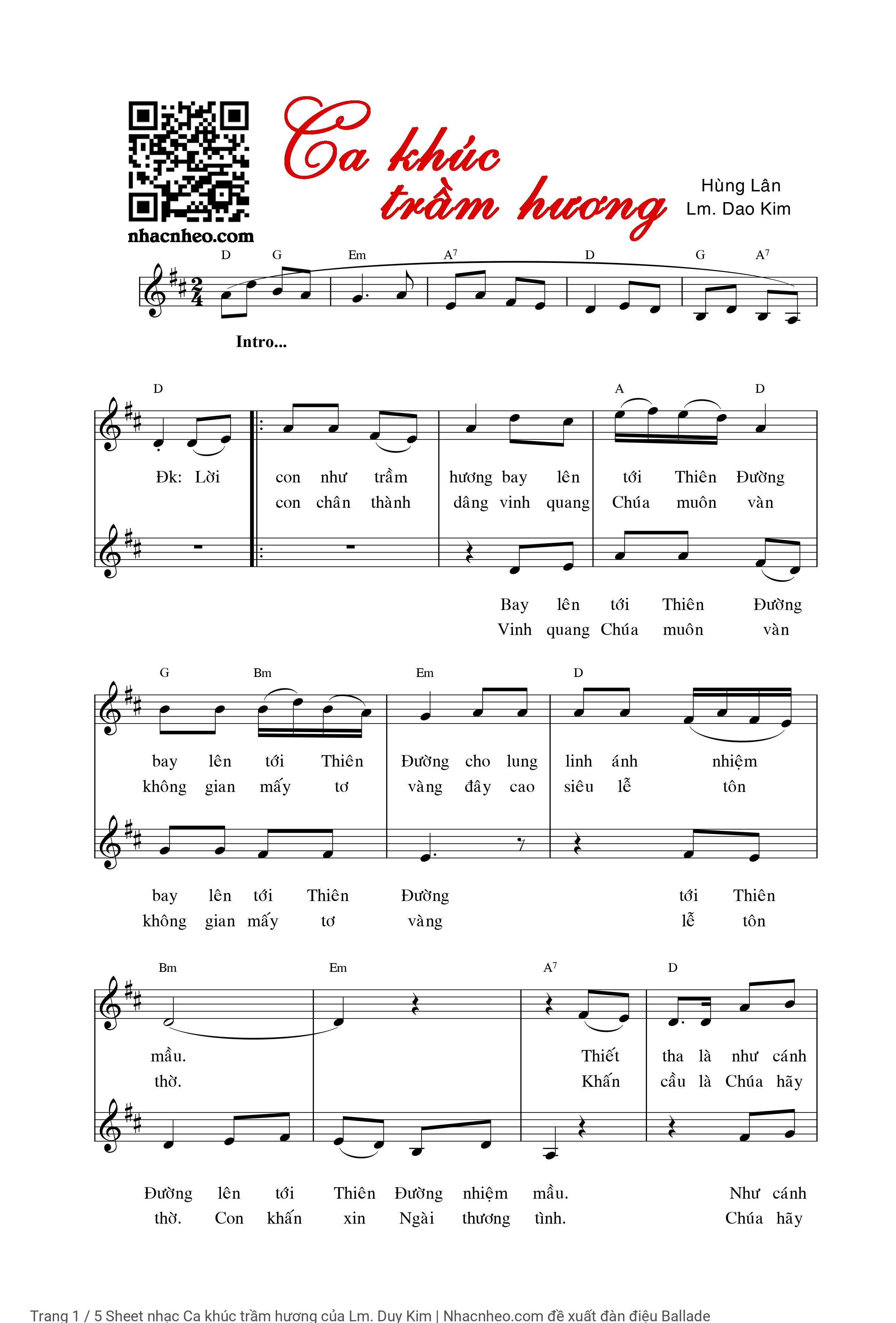 Trang 1 của Sheet nhạc PDF Piano bài hát Ca khúc trầm hương - Lm. Dao Kim