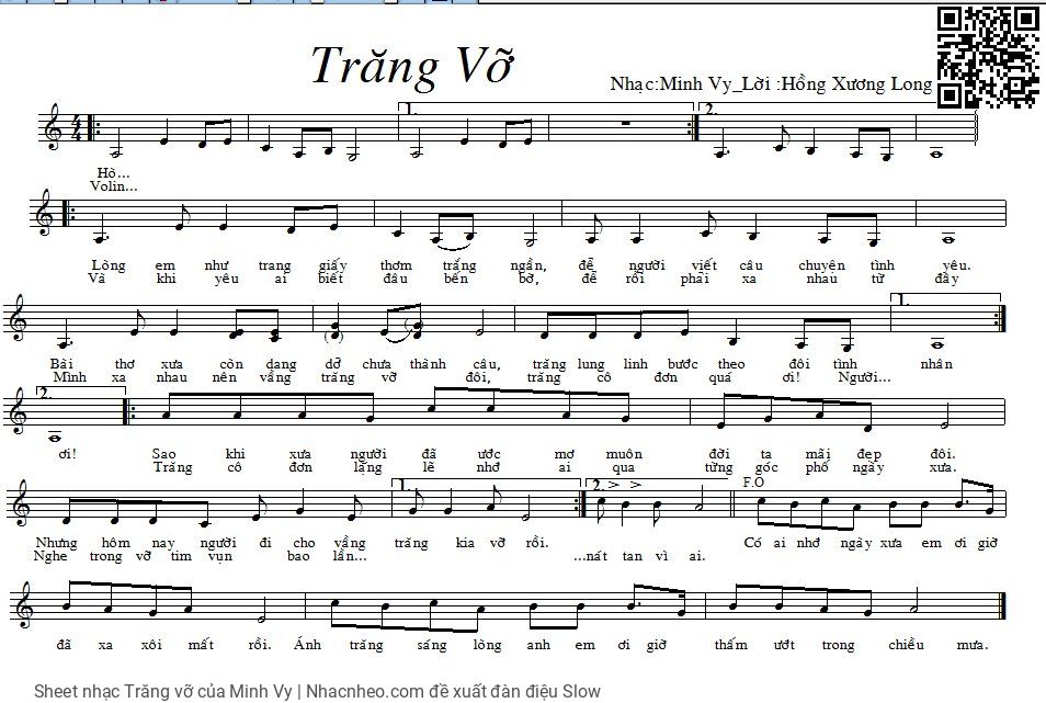 Trang 1 của Sheet nhạc PDF bài hát Trăng vỡ - Minh Vy, Lòng em như trang giấy  thơm trắng  ngần. Để anh viết  lên chuyện tình  yêu Bài thơ xưa còn dang  dở chưa thành  câu