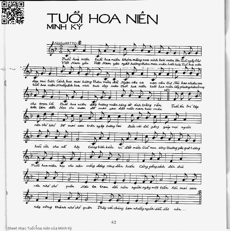 Trang 1 của Sheet nhạc PDF bài hát Tuổi hoa niên - Minh Kỳ, Tuổi hoa niên, tuổi hoa niên, khóm măng non xinh  tươi vươn lên. Tuổi ngây thơ đẹp vui tươi  Cánh hoa mai hương  thơm vườn đời