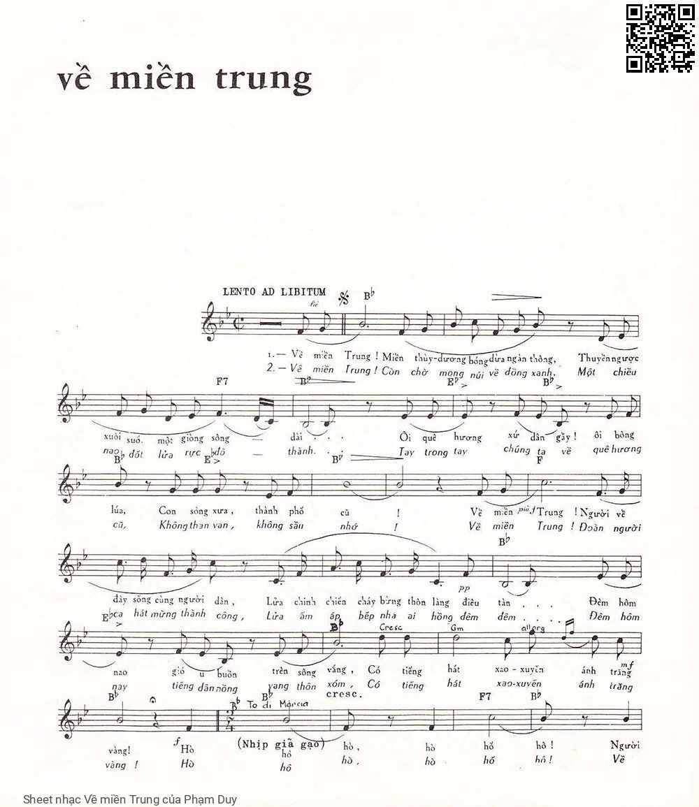 Trang 1 của Sheet nhạc PDF bài hát Về miền Trung - Phạm Duy, Về miền  Trung! Miền thuỳ dương bóng dừa ngàn thông. Thuyền ngược suôi suốt một dòng  sông  dài