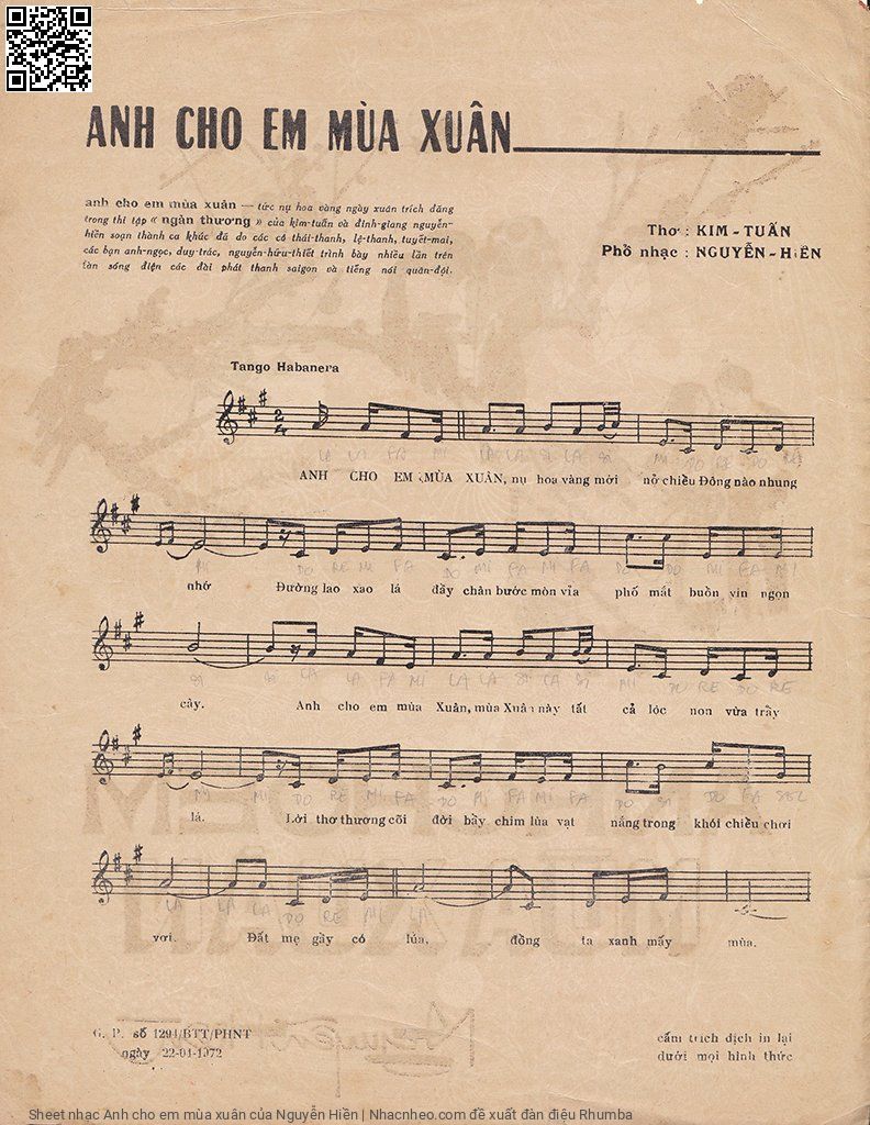 Trang 2 của Sheet nhạc PDF bài hát Anh cho em mùa xuân - Nguyễn Hiền, 1. Anh cho em mùa  xuân nụ hoa vàng mới nở chiều  đông nào nhung  nhớ. Đường lao xao lá  đầy chân bước mòn vỉa  phố mắt buồn vin ngọn  cây