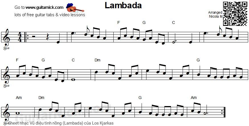 Trang 1 của Sheet nhạc PDF bài hát Vũ điệu tình nồng (Lambada) - Los Kjarkas, Phiên bản 1.  Hãy ôm em trong lòng