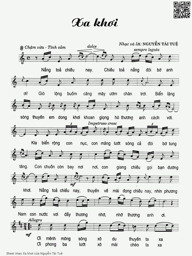Trang 1 của Sheet nhạc PDF bài hát Xa khơi - Nguyễn Tài Tuệ, Nắng tỏa chiều  nay  chiều tỏa nắng đôi bờ anh  ơi. Gió lộng buồm mây ươm chân trời biển lặng  sóng thuyền em dong khơi