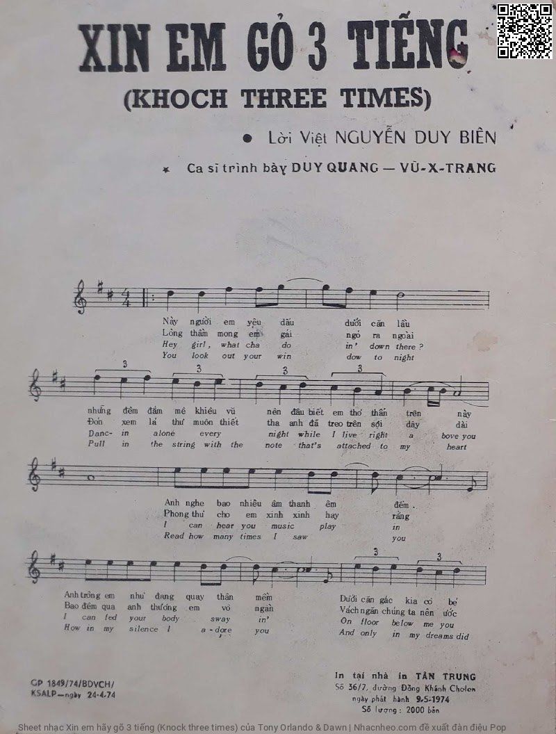 Trang 2 của Sheet nhạc PDF bài hát Xin em hãy gõ 3 tiếng (Knock three times) - Tony Orlando & Dawn, 1.  Này người em yêu dấu dưới căn lầu. Những đêm đắm mê khiêu vũ nên đâu biết anh thơ thẩn  trên này