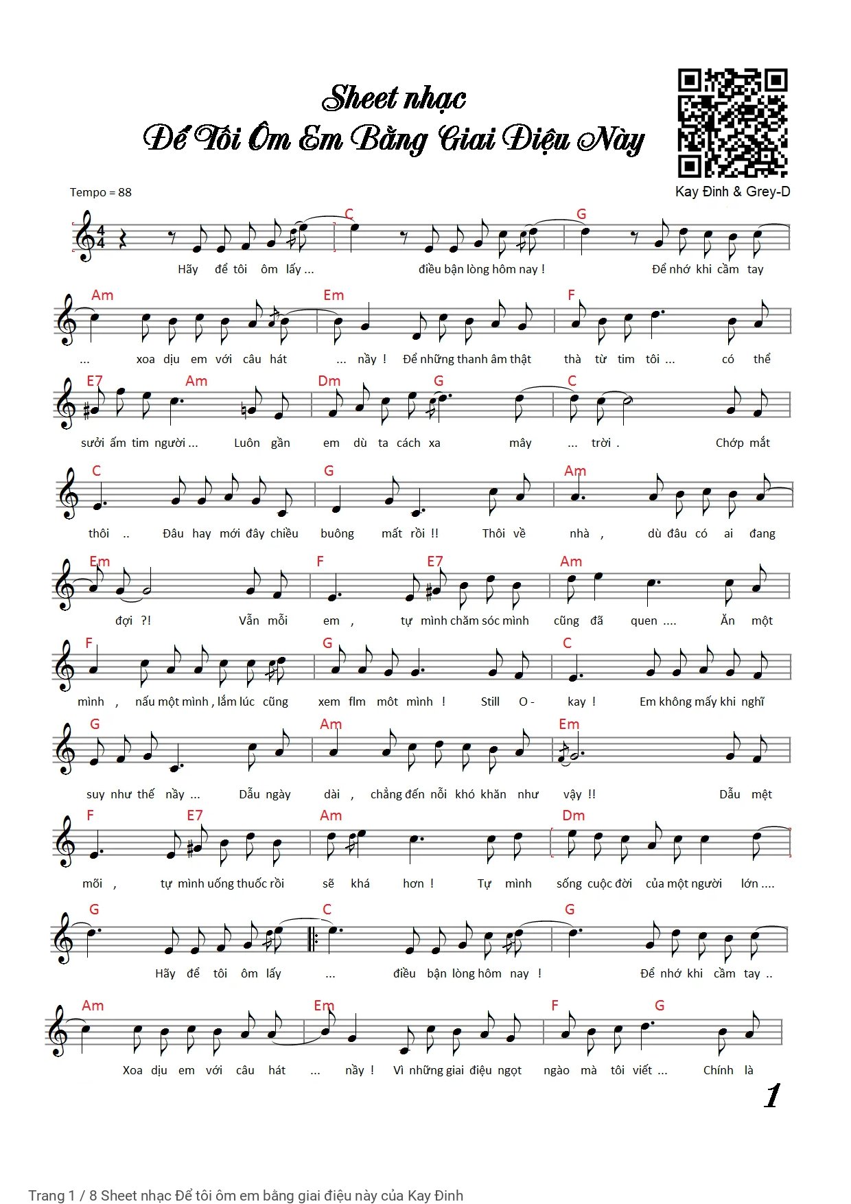 Trang 1 của Sheet nhạc PDF Piano bài hát Để tôi ôm em bằng giai điệu này - Kay Đinh