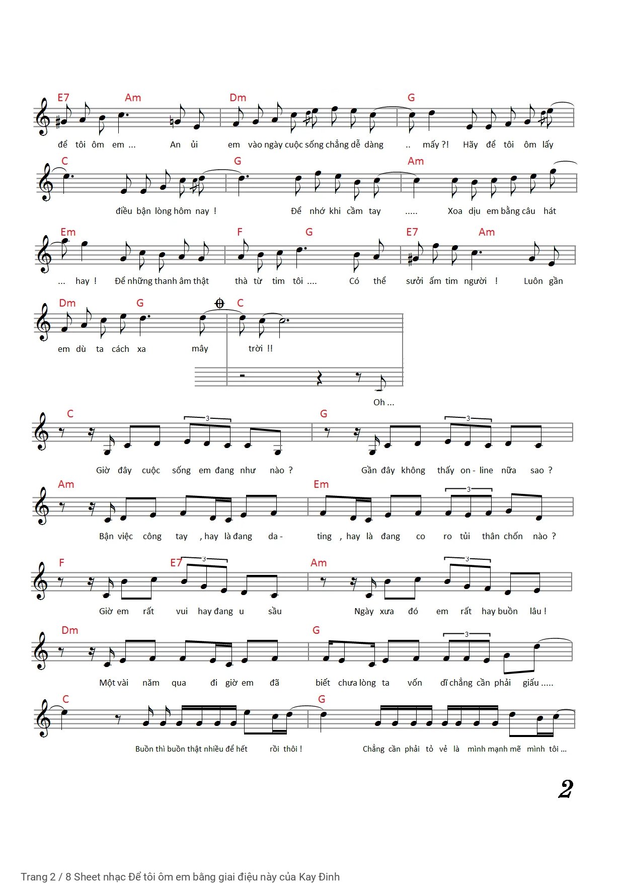 Trang 2 của Sheet nhạc PDF Piano bài hát Để tôi ôm em bằng giai điệu này - Kay Đinh