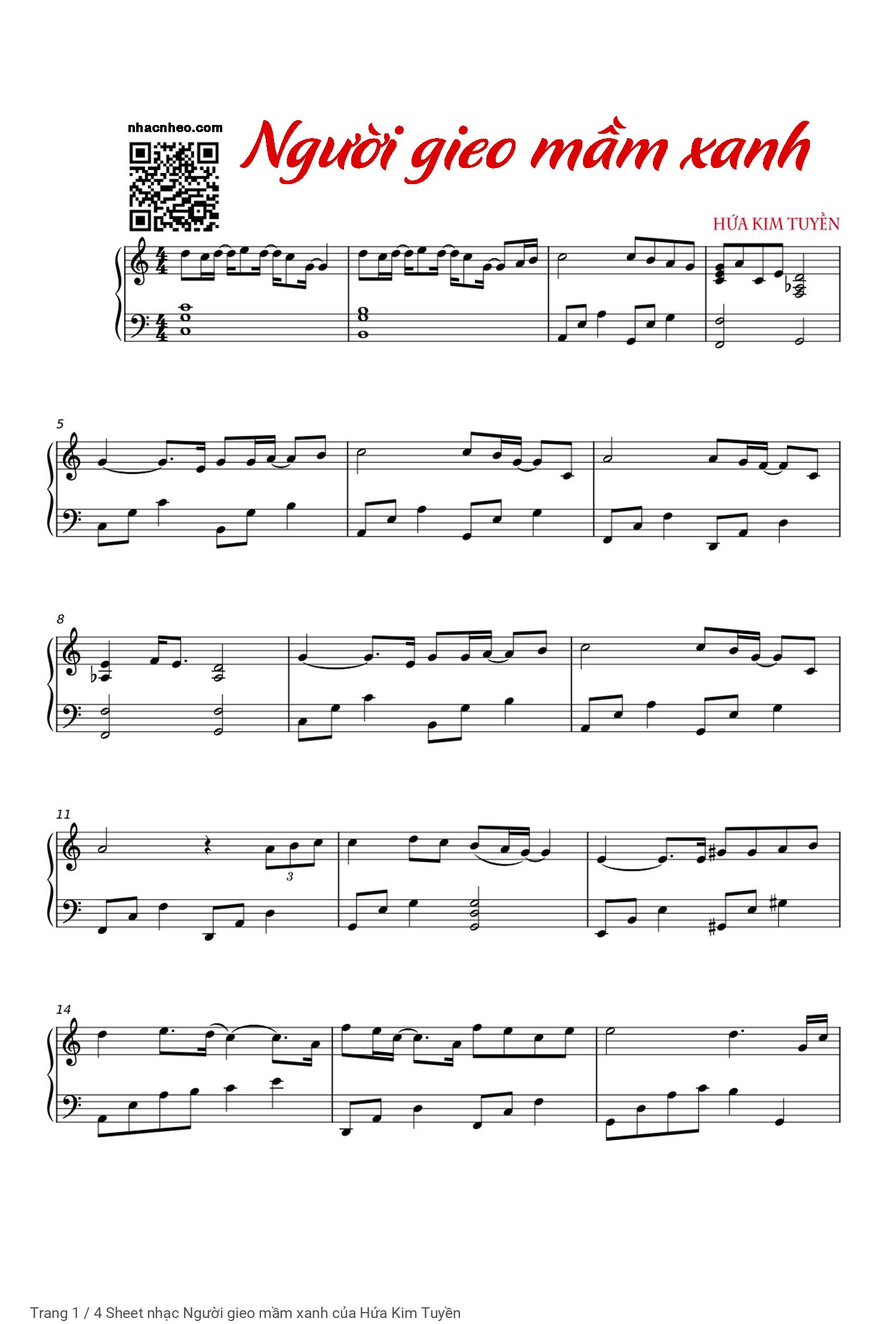 Trang 1 của Sheet nhạc PDF Piano bài hát Người gieo mầm xanh - Hứa Kim Tuyền