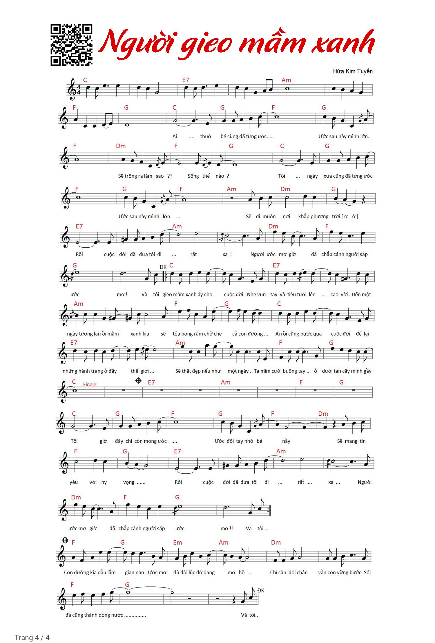 Trang 4 của Sheet nhạc PDF Piano bài hát Người gieo mầm xanh - Hứa Kim Tuyền, Có sheet Piano solo và sheet lời có nốt bài Người gieo mầm xanh