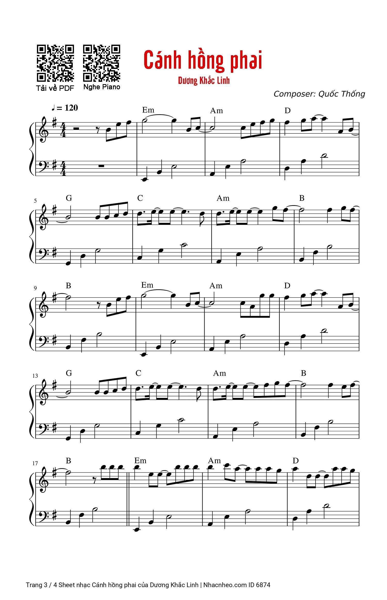 Trang 3 của Sheet nhạc PDF Piano bài hát Cánh hồng phai - Dương Khắc Linh, Gồm sheet có lời hợp âm và sheet Piano SOLO.. 1. Nàng như một  đoá hồng  phai, hương sắc héo  hon theo những ngày  dài