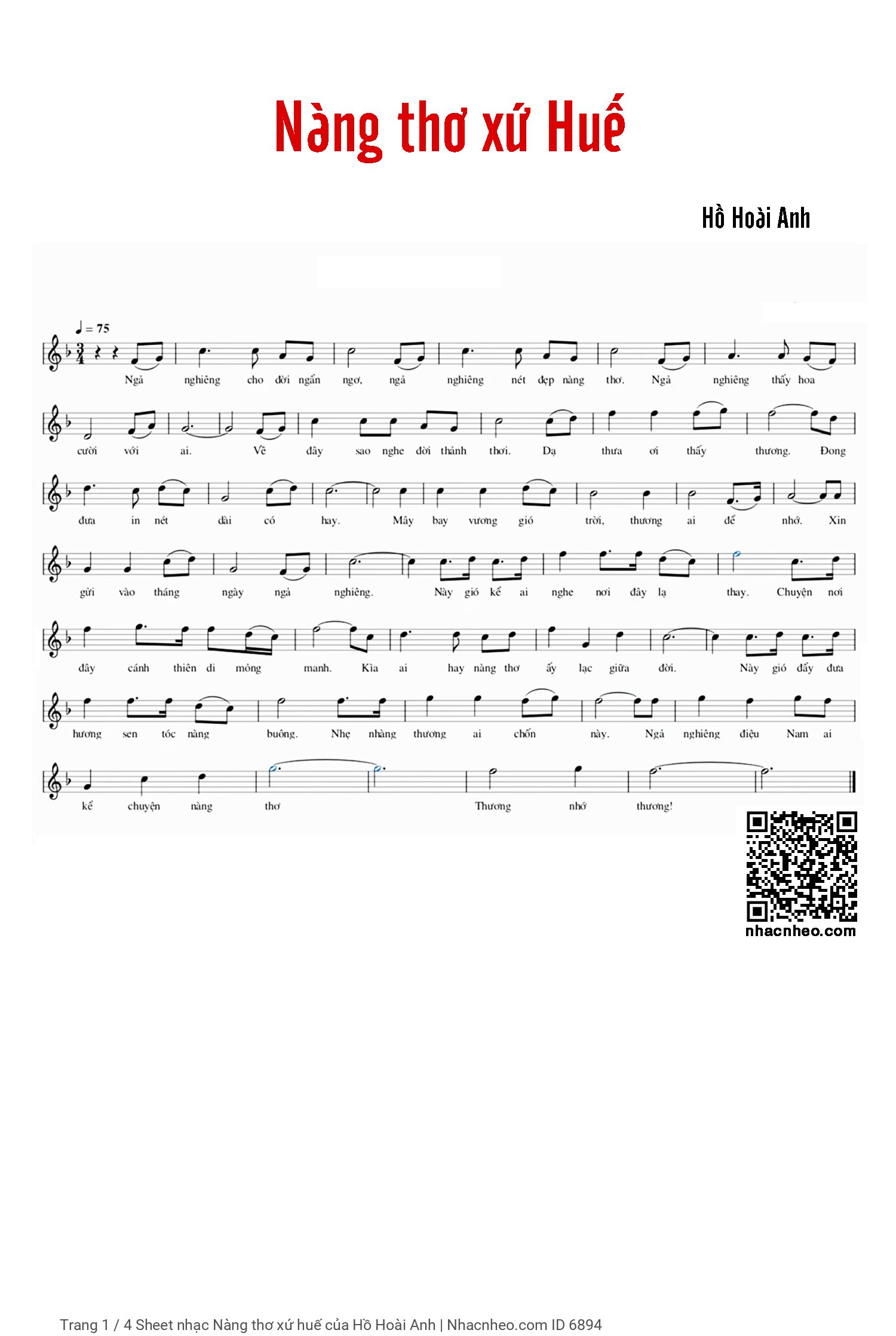 Trang 1 của Sheet nhạc PDF Piano bài hát Nàng thơ xứ huế - Hồ Hoài Anh, Có sheet PIANO solo và sheet lời có nốt