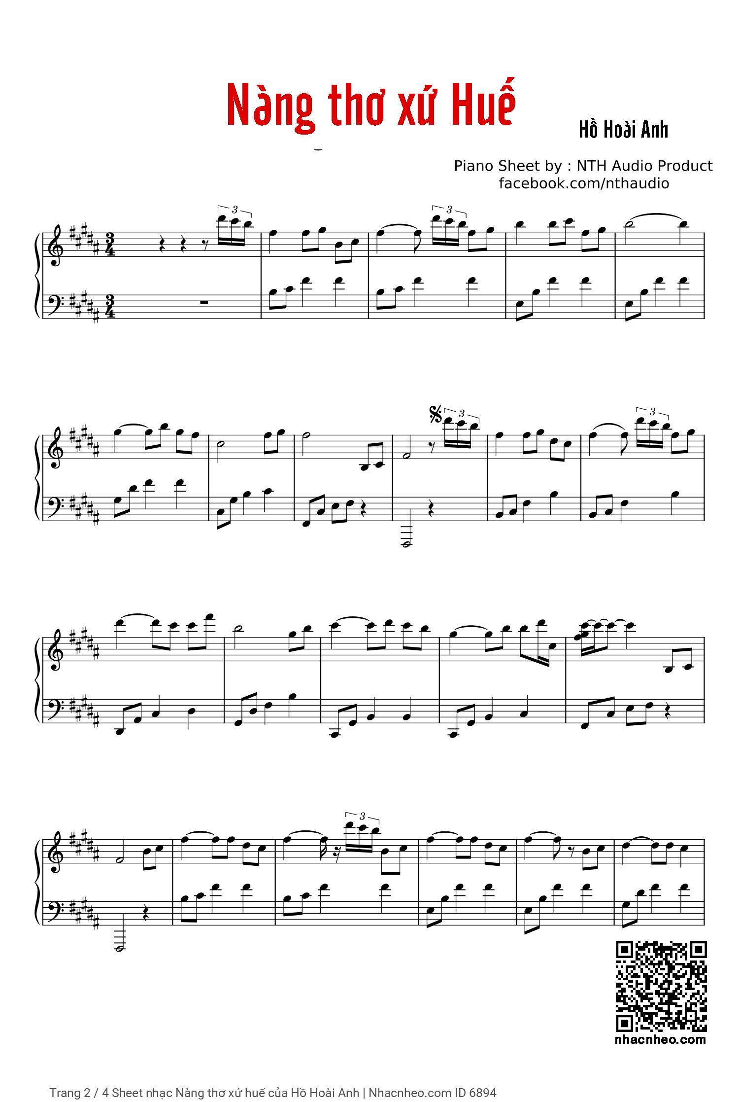 Trang 2 của Sheet nhạc PDF Piano bài hát Nàng thơ xứ huế - Hồ Hoài Anh, Có sheet PIANO solo và sheet lời có nốt