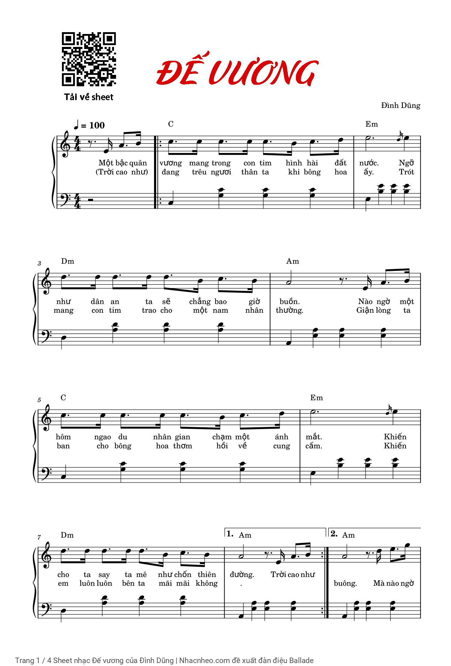 Trang 1 của Sheet nhạc PDF Piano bài hát Đế vương - Đình Dũng, Sheet Piano solo và sheet có nốt của bản nhạc Đế Vương