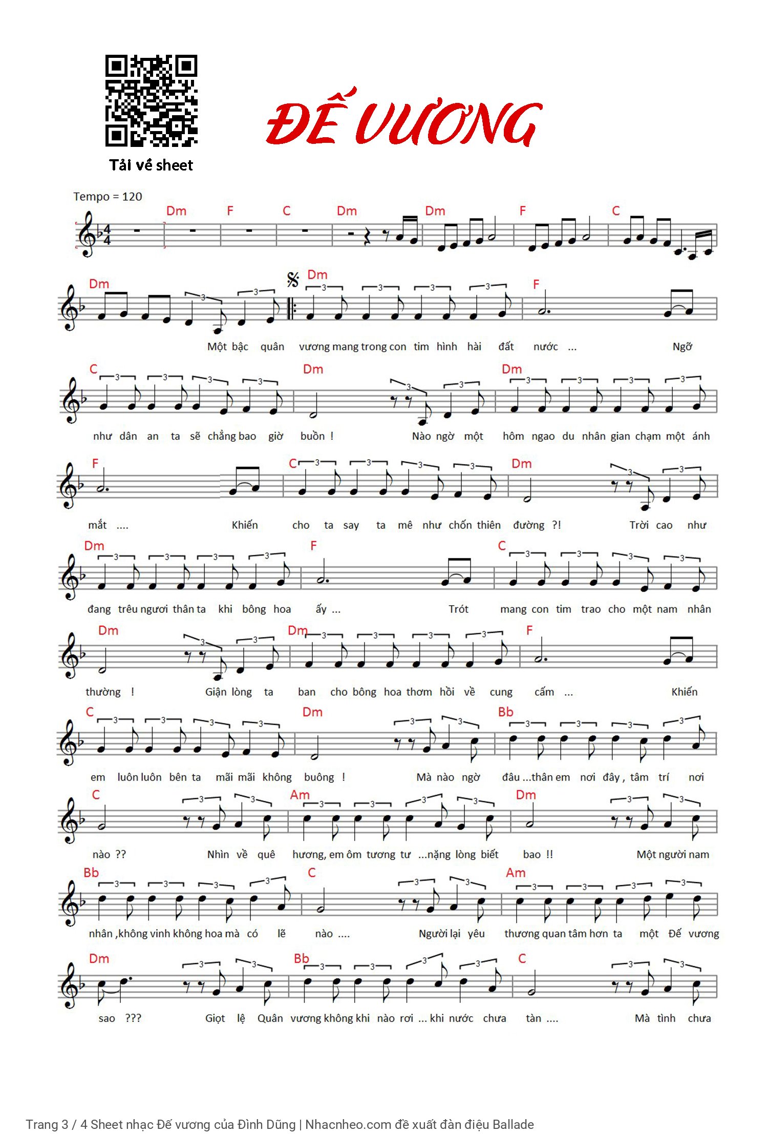 Sheet Piano solo và sheet có nốt của bản nhạc Đế Vương, Trang 3