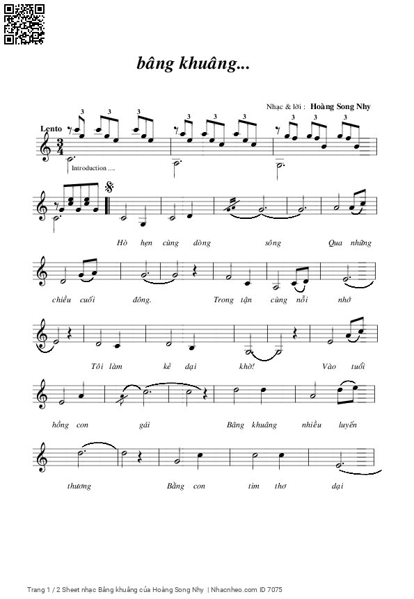 Trang 1 của Sheet nhạc PDF bài hát Bâng khuâng - Hoàng Song Nhy, Hò hẹn cùng dòng  sông. Qua những chiều cuối  đông Trong tận cùng nỗi  nhớ