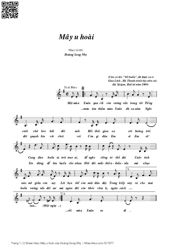 Trang 1 của Sheet nhạc PDF bài hát Mây u hoài - Hoàng Song Nhy, Một mùa  Xuân qua rồi còn vương  vấn trong tôi. Tiếng  cười chừ héo  hắt đôi  môi