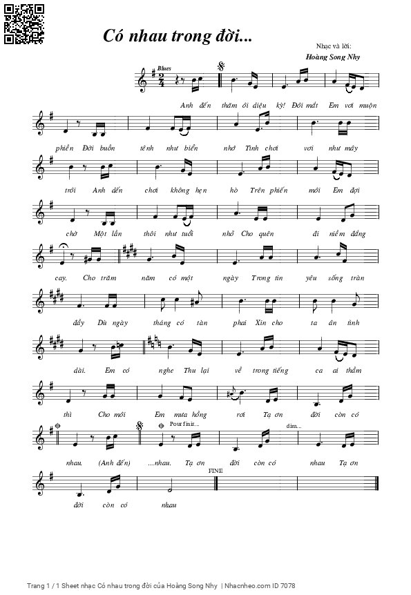 Trang 1 của Sheet nhạc PDF bài hát Có nhau trong đời - Hoàng Song Nhy, Anh đến  thăm, ôi diệu  kỳ! Đôi mắt  em vơi muộn  phiền. Đời buồn  tênh như biển  nhớ, tình chơi  vơi như mây  trôi