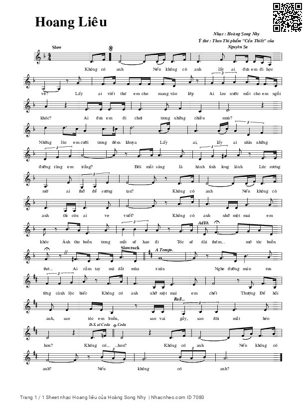 Trang 1 của Sheet nhạc PDF bài hát Hoang liêu - Hoàng Song Nhy