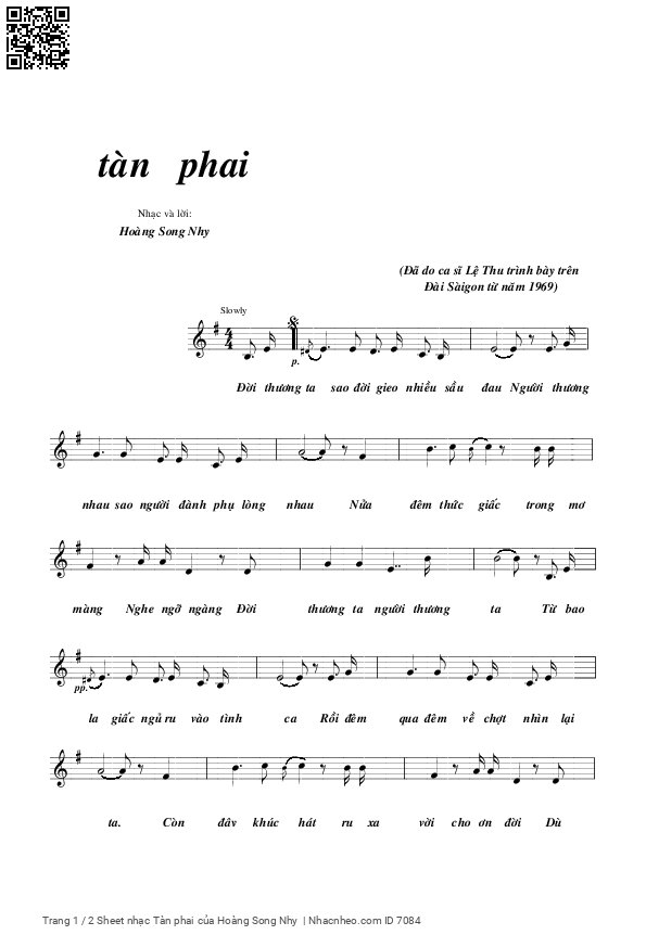 Trang 1 của Sheet nhạc PDF bài hát Tàn phai - Hoàng Song Nhy, Đời thương  ta sao đời gieo nhiều sầu  đau?. Người thương  nhau sao người đành phụ lòng  nhau?