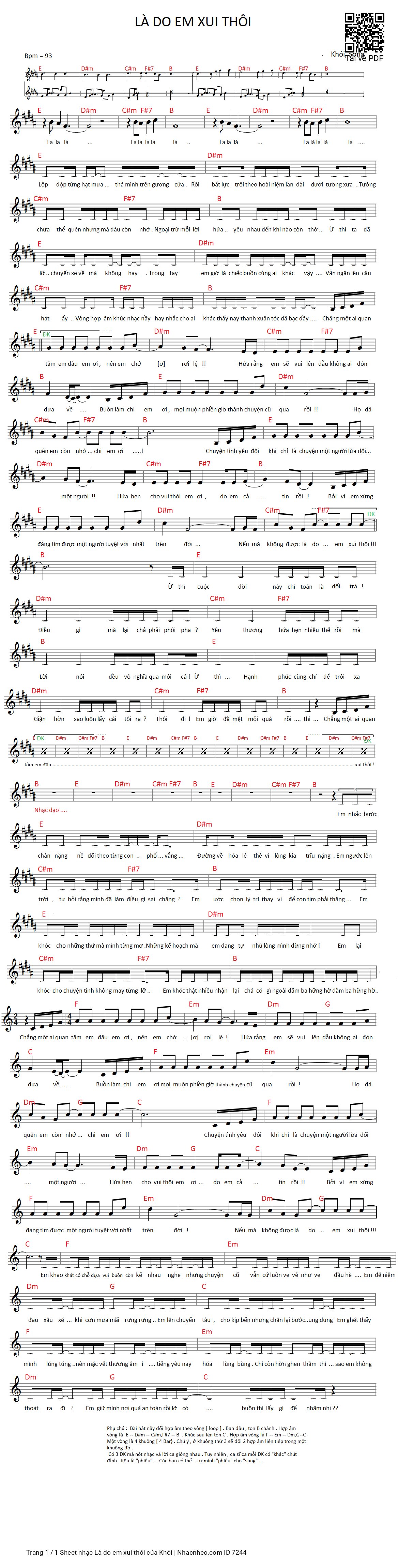 Trang 1 của Sheet nhạc PDF bài hát Là do em xui thôi - Khói, Lộp  độp từng hạt mưa, thả mình trên gương cửa. Rồi  bất lực trôi theo hoài niệm lăn dài dưới tường xưa