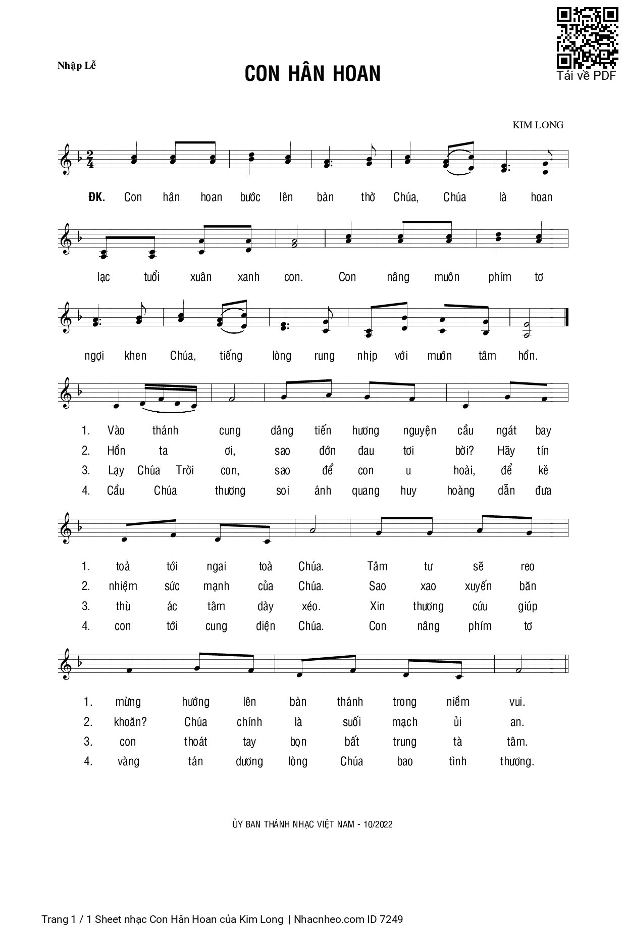 Trang 1 của Sheet nhạc PDF bài hát Con Hân Hoan - Kim Long