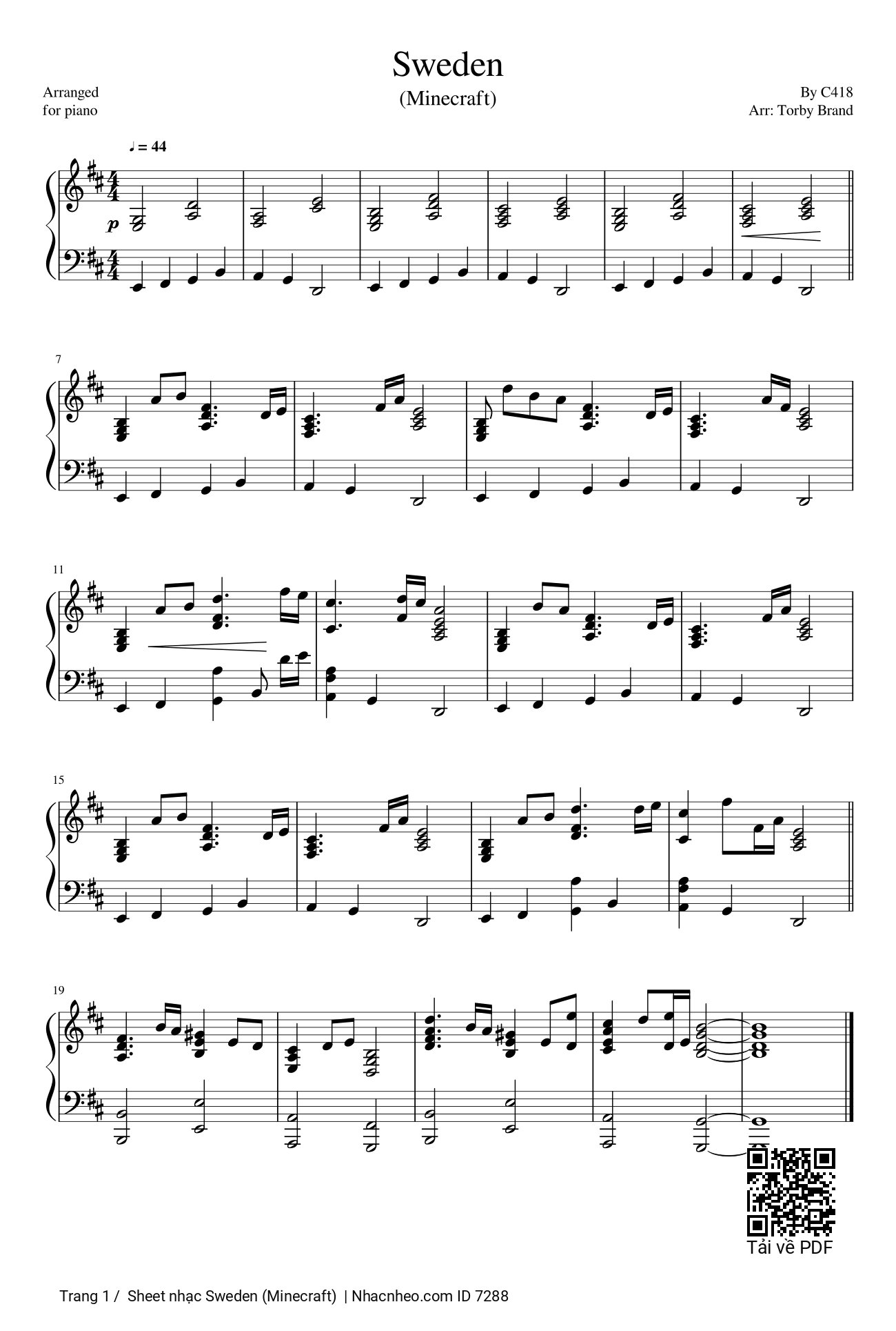 Trang 1 của Sheet nhạc PDF Piano bài hát Sweden (Minecraft) - C418, Sweden, Torby Brand soạn cho Piano Solo.  