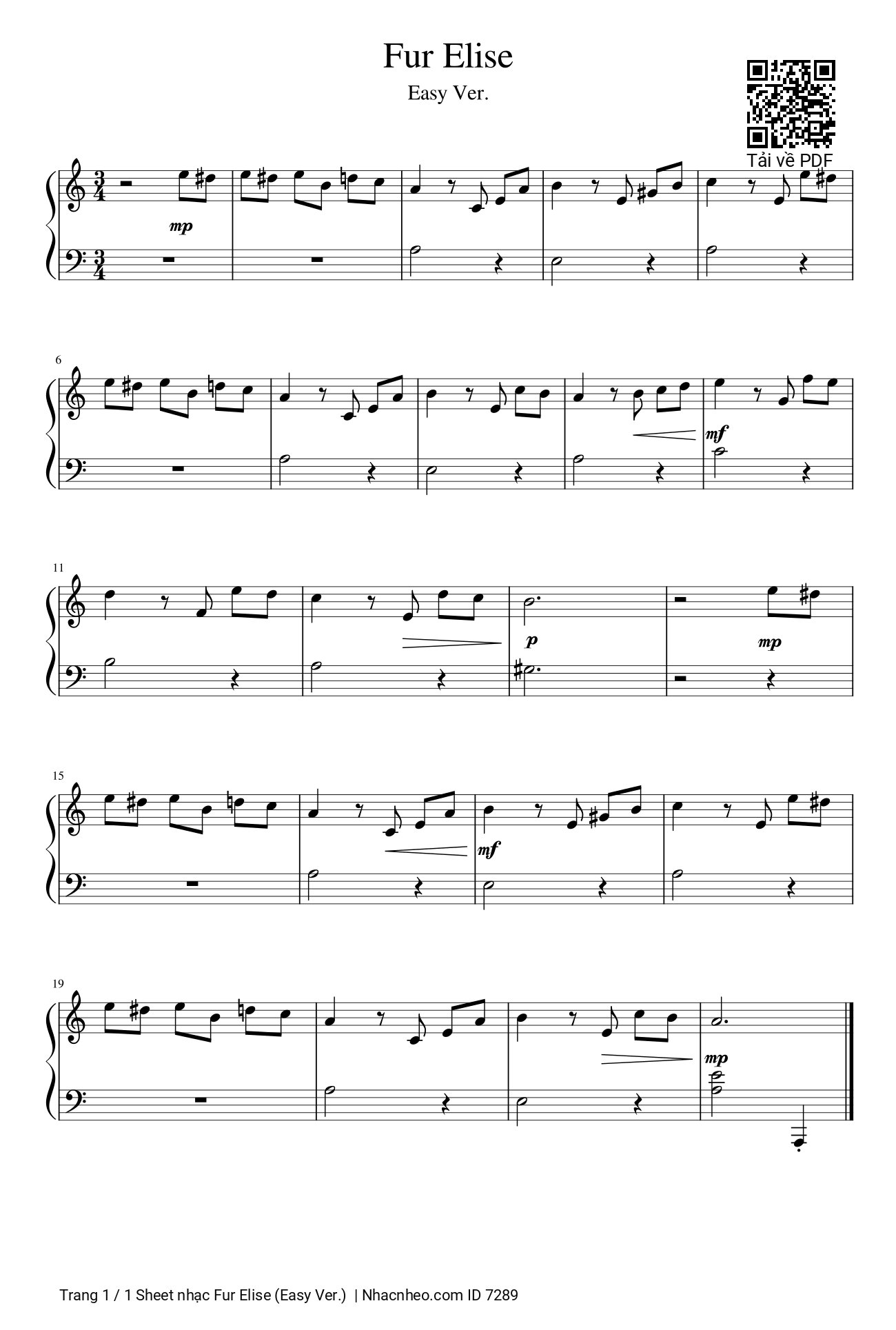 Fur Elise sheet Piano cho Phiên bản dễ Soạn bởi Yuri Kotov, Trang 1