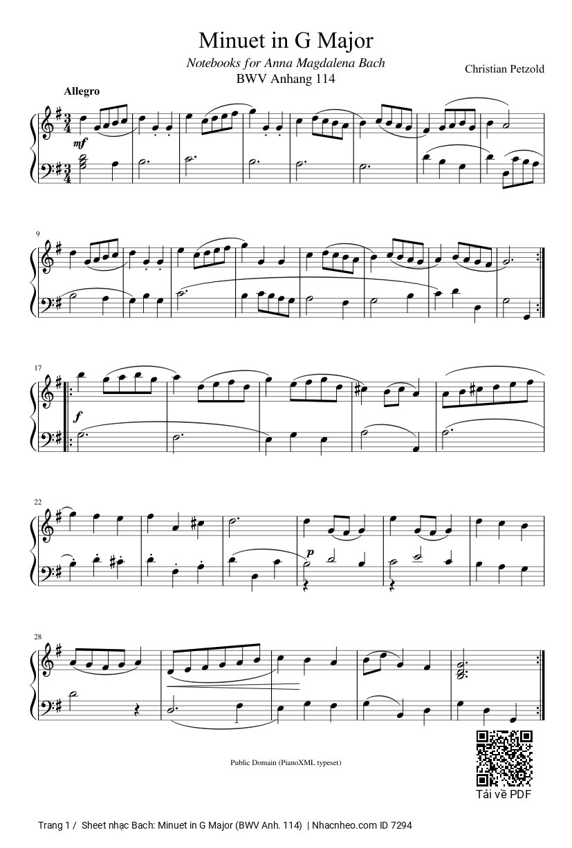 Trang 1 của Sheet nhạc PDF bài hát Minuet in G Major Piano - Bach, .  