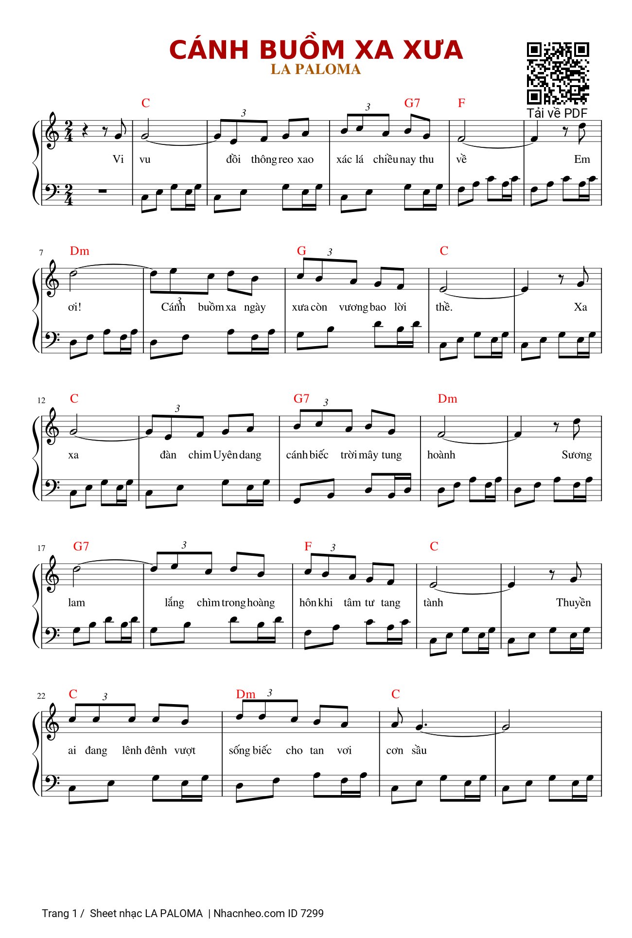 Trang 1 của Sheet nhạc PDF bài hát LA PALOMA Piano - Từ Vũ