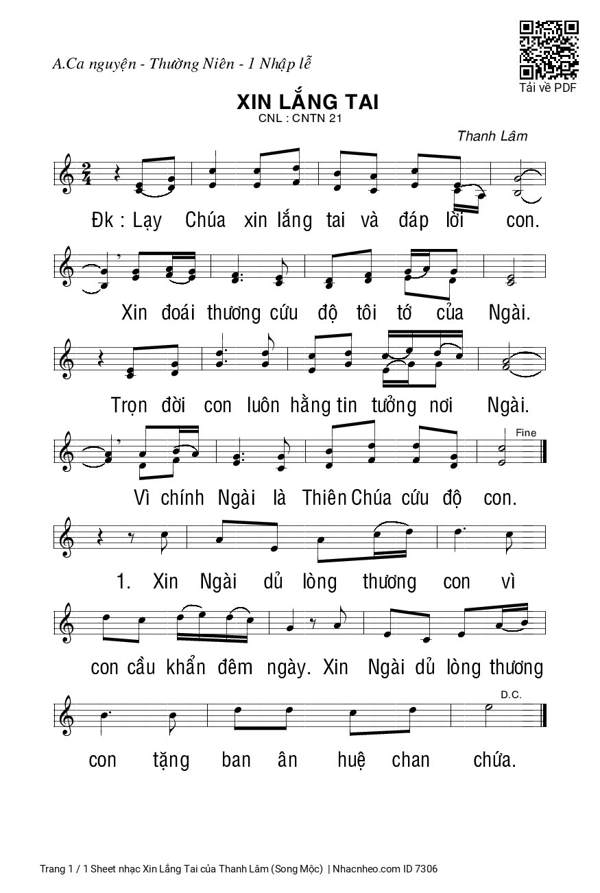 Trang 1 của Sheet nhạc PDF bài hát Xin Lắng Tai - Thanh Lâm (Song Mộc)