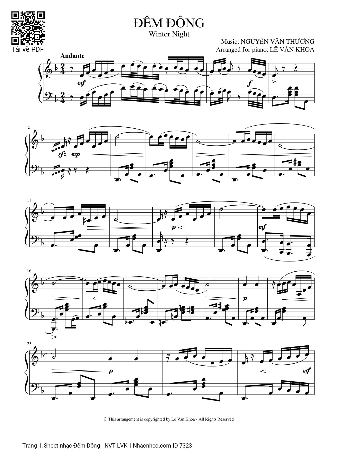 Trang 1 của Sheet nhạc PDF bài hát Đêm Đông Piano Solo - Nguyễn Văn Thương, Chiều chưa đi màn đêm rơi xuống. Đâu đấy buông lững lờ tiếng chuông. Đôi cánh chim bâng khuâng rã rời....