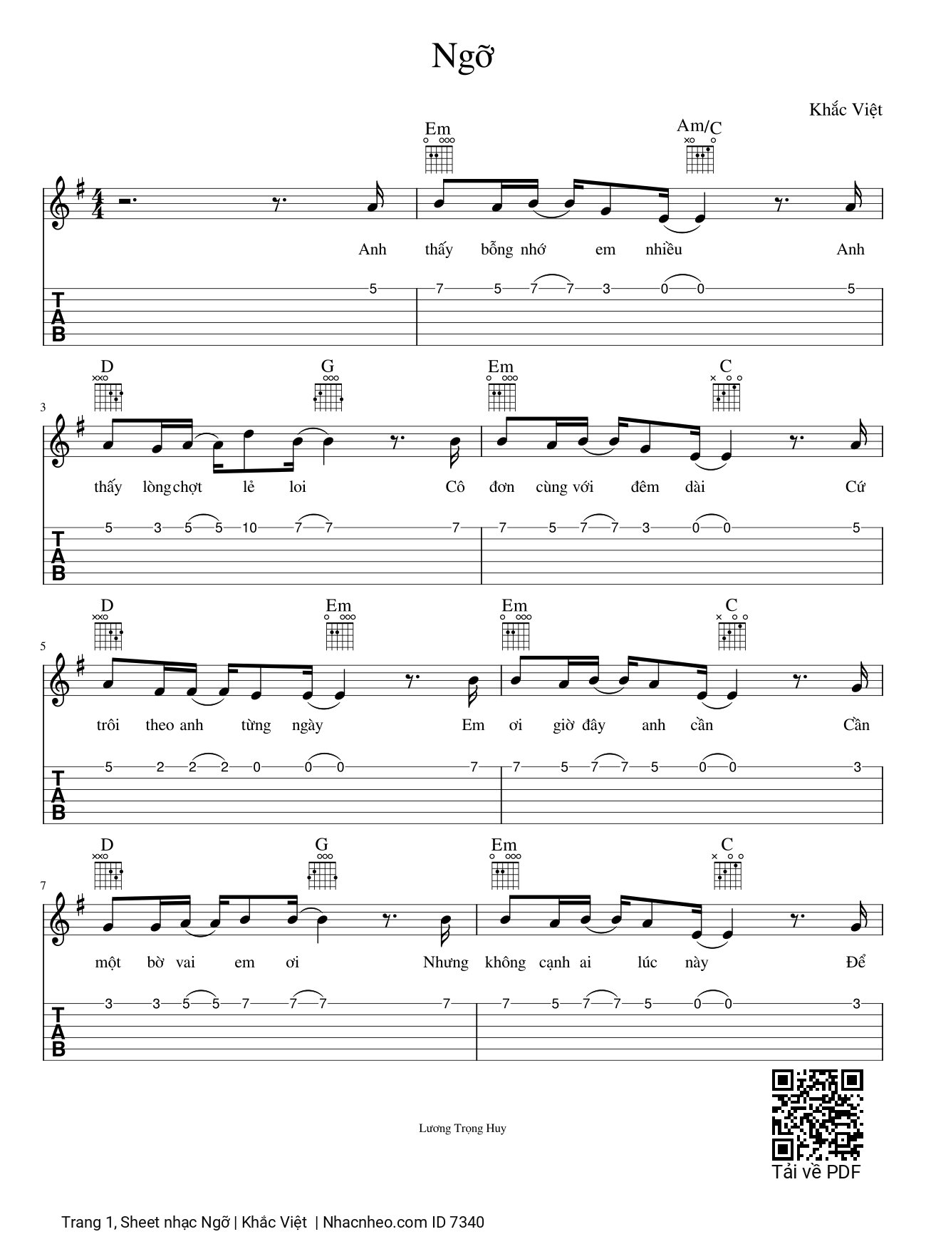 Trang 1 của Sheet nhạc PDF bài hát Ngỡ Guitar solo - Khắc Việt