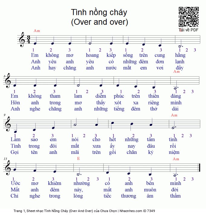 Trang 1 của Sheet nhạc PDF bài hát Tình Nồng Cháy (Over And Over) - Paul Chapman, 1. Em không mơ  hoang kiếp sống trên cung  hằng