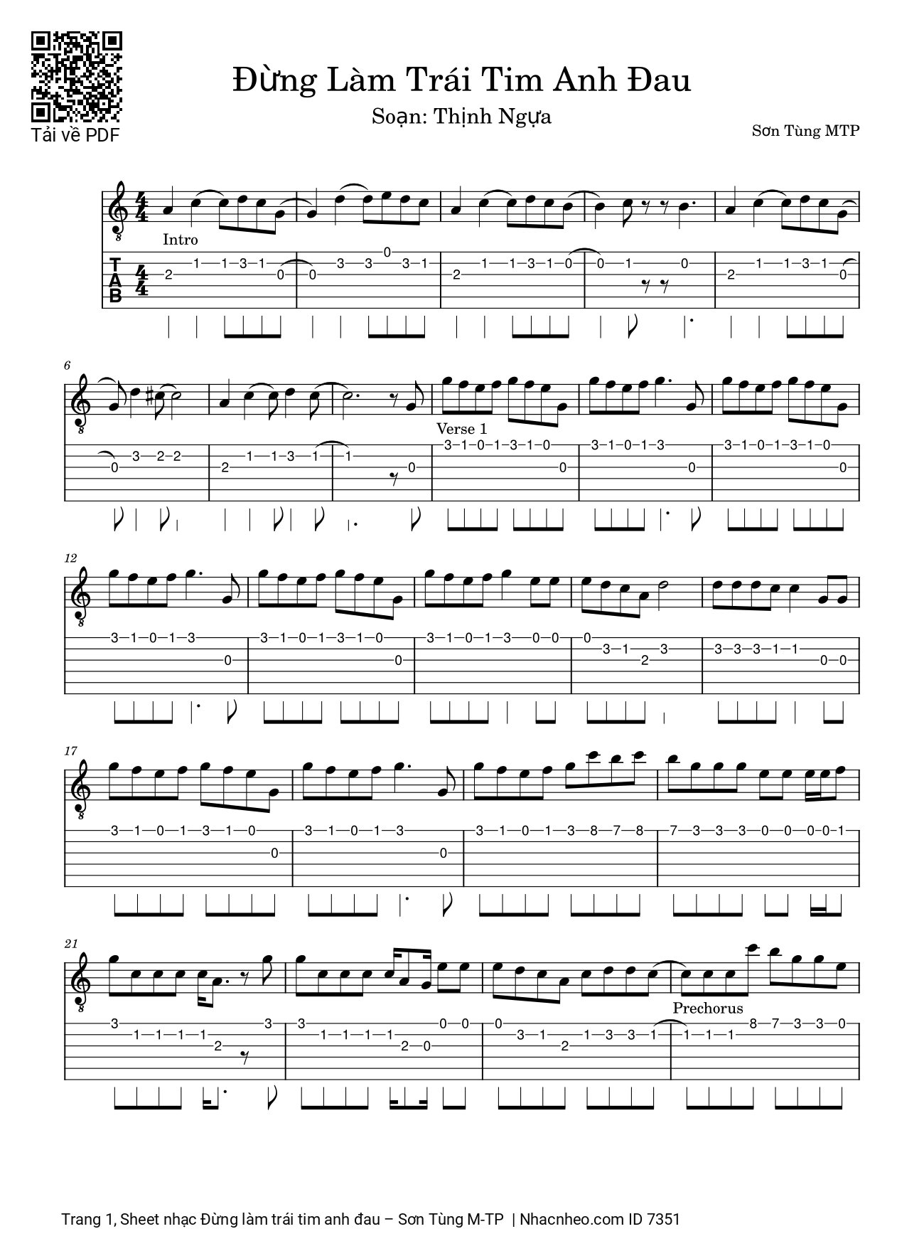 Sheet nhạc Đừng làm trái tim anh đau Guitar TAB