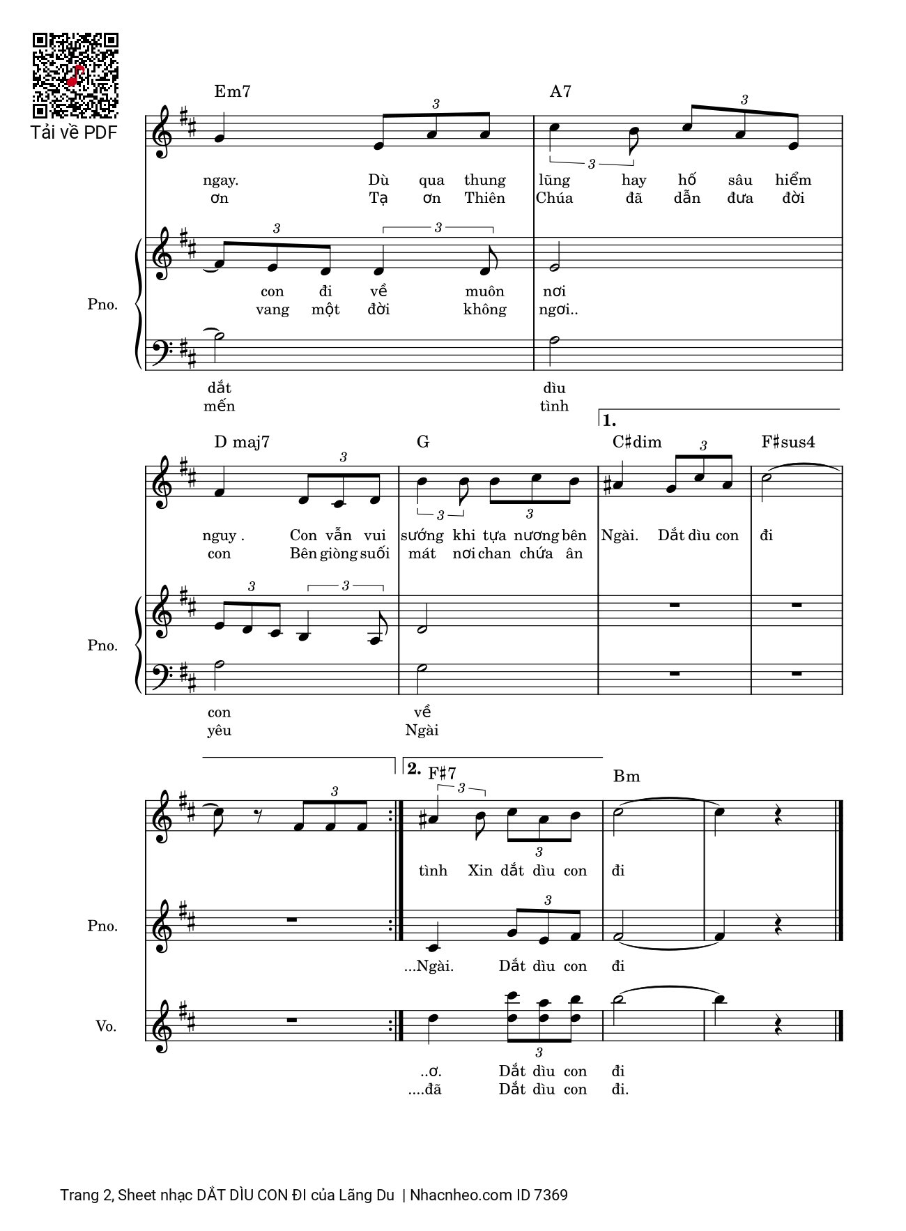 Trang 2 của Sheet nhạc PDF bài hát Dắt dìu con đi piano 3 bè đệm - Lãng Du, Dắt dìu con đi, đi bên Ngài nào có sợ chi. Giông tố giăng đầy có Ngài con chẳng lo gì