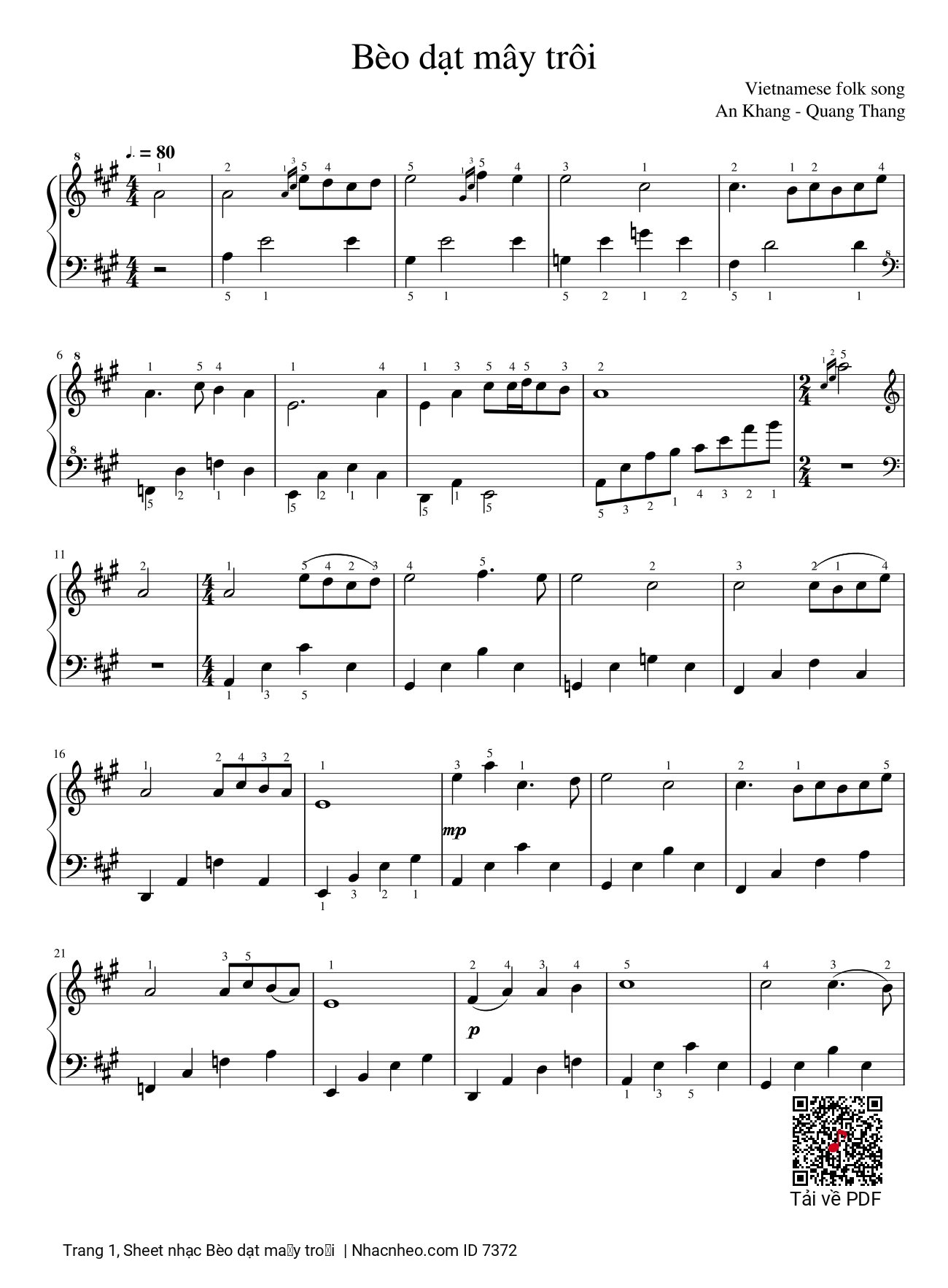 Trang 1 của Sheet nhạc PDF bài hát Bèo dạt mây trôi Piano cover theo Anh Khang, Quang Thắng - Dân ca Bắc Bộ, Bèo dạt mây trôi, chốn xa xôi, Em ơi anh vẫn đợi bèo dạt.