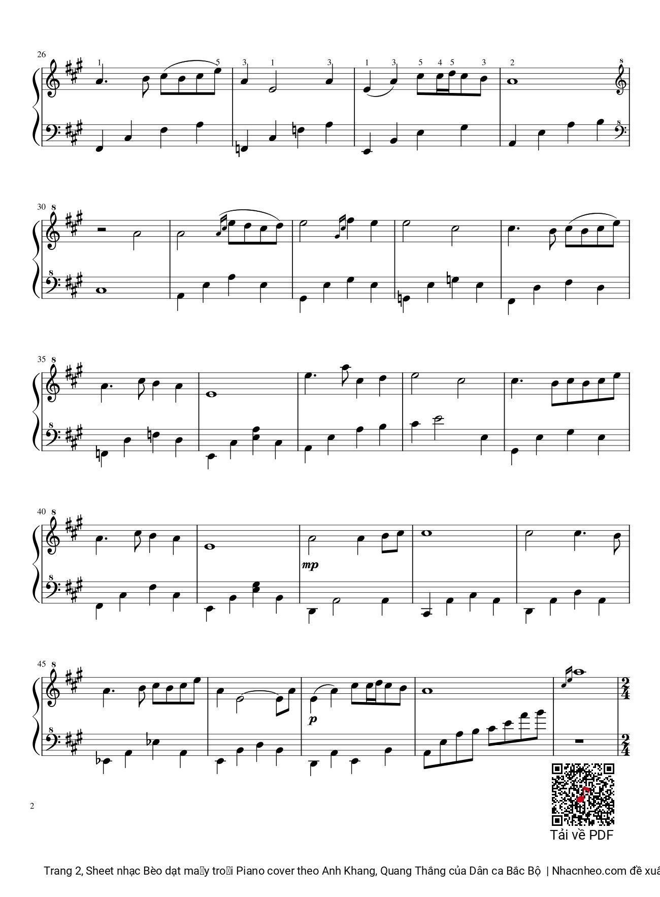 Trang 2 của Sheet nhạc PDF bài hát Bèo dạt mây trôi Piano cover theo Anh Khang, Quang Thắng - Dân ca Bắc Bộ, Bèo dạt mây trôi, chốn xa xôi, Em ơi anh vẫn đợi bèo dạt.