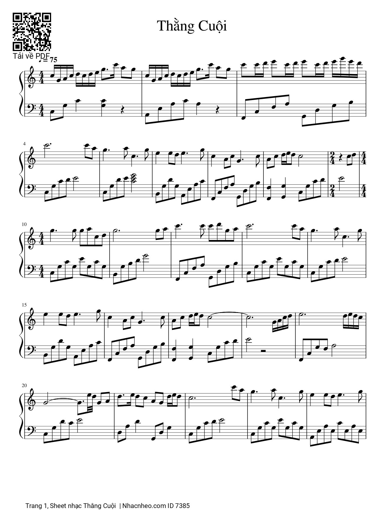 Trang 1 của Sheet nhạc PDF bài hát Thằng Cuội Piano - Lê Thương, Bóng trăng trắng ngà có cây đa to, Có thằng cuội già ôm một mối mơ