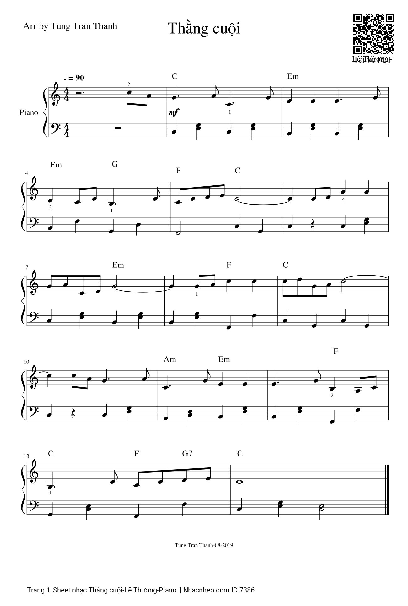 Trang 1 của Sheet nhạc PDF bài hát Thằng cuội Piano bản easy - Lê Thương, Bóng trăng trắng ngà, có cây đa to, có thằng cuội già ôm một mối mơ